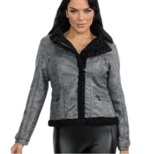 Women's Grey Faux Leather MOTO Jacket w/Faux Black 'SUPER SOFT' Shearling Lining